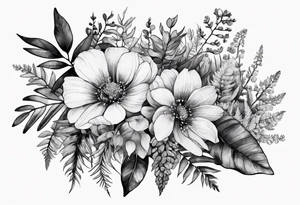 Handful of wild flowers with ferns all watercolor tattoo idea