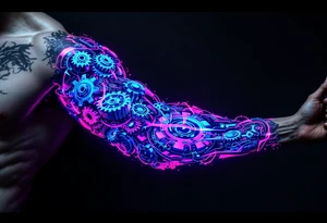 A biomechanical arm tattoo where gears spin under translucent synthetic skin lit with neon pink and cobalt blue veins. tattoo idea