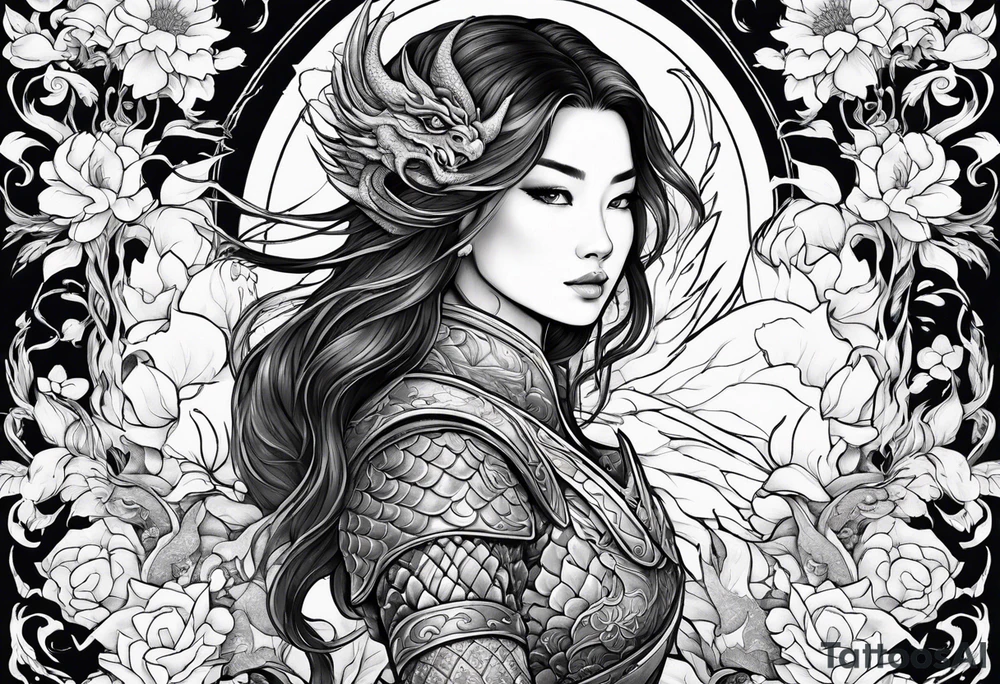beautiful warrior woman wearing dragon armor and a floral background and a dragon a full picture tattoo idea