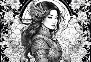 beautiful warrior woman wearing dragon armor and a floral background and a dragon a full picture tattoo idea
