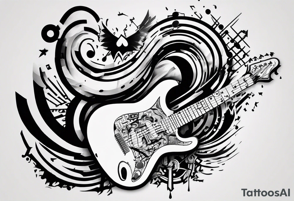 Create a unique tattoo design inspired by my passion for the electric guitar and video games. It could be an abstract representation of musical notes and pixel graphics. tattoo idea