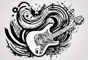 Create a unique tattoo design inspired by my passion for the electric guitar and video games. It could be an abstract representation of musical notes and pixel graphics. tattoo idea