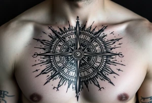 Chest tattoo with Roman stoic theme with sun dial compass tattoo idea