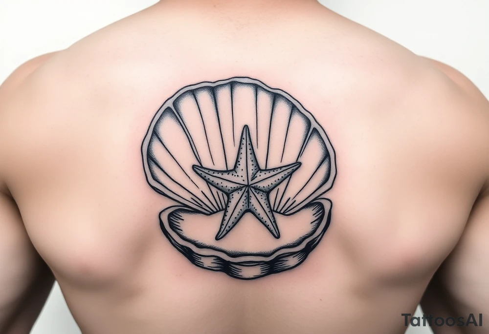 Open clamshell with starfish rendered in the art styles used during World War Two tattoo idea