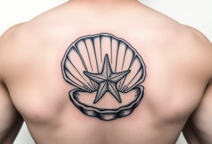 Open clamshell with starfish rendered in the art styles used during World War Two tattoo idea
