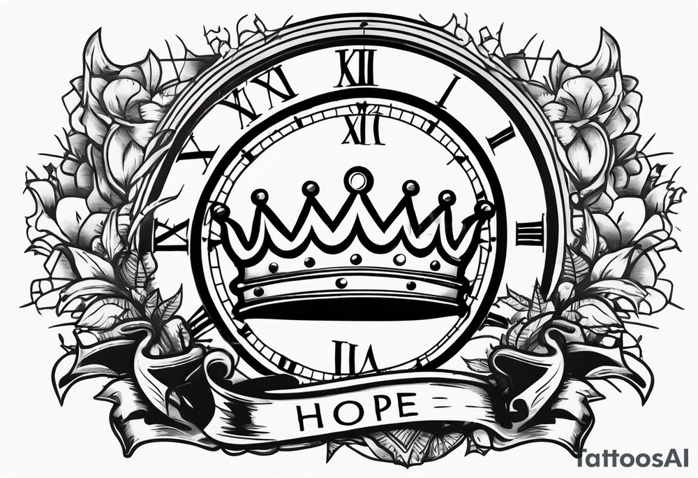 Broken clock with king crown lettering HOPE tattoo idea