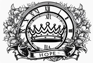 Broken clock with king crown lettering HOPE tattoo idea