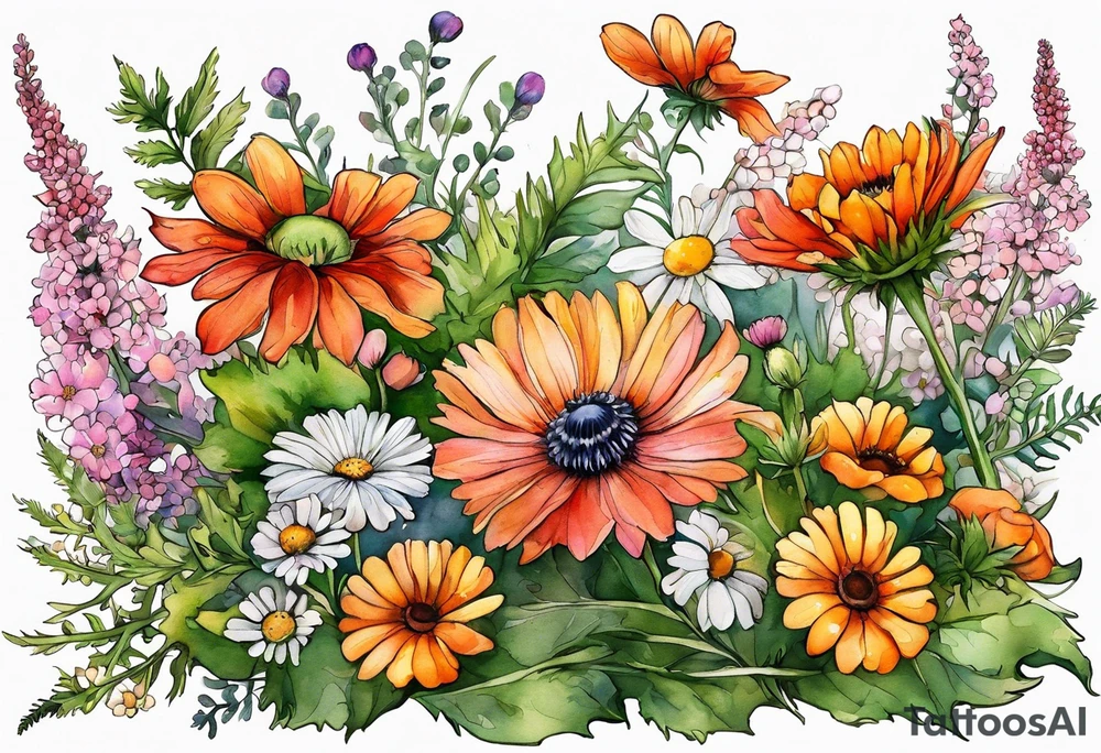 wildflowers with thistles, ferns, white anemones, sun flowers, orange flowers, green flowers, pink flowers, red flowers, babys breath and daisies all in watercolor tattoo idea
