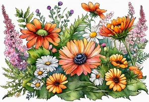 wildflowers with thistles, ferns, white anemones, sun flowers, orange flowers, green flowers, pink flowers, red flowers, babys breath and daisies all in watercolor tattoo idea