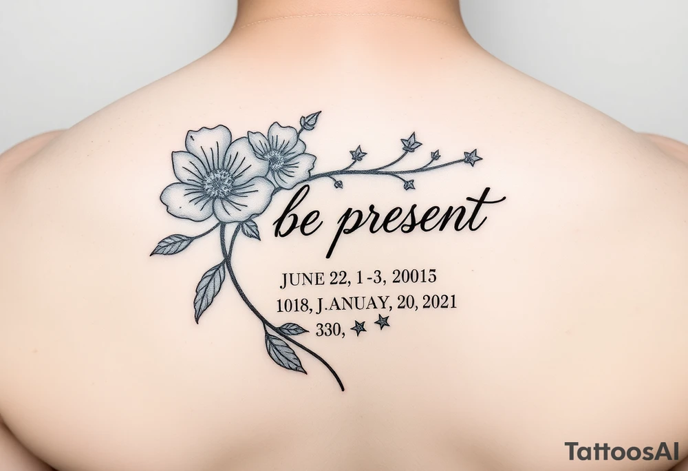 Enso ring with flowers and a stem with writing in cursive that says be present. Incorporate the dates June 2, 2013, March 2, 2016, and January 20, 2021. Also include three stars. tattoo idea
