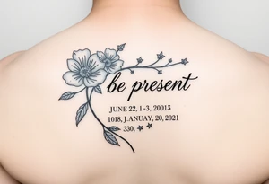 Enso ring with flowers and a stem with writing in cursive that says be present. Incorporate the dates June 2, 2013, March 2, 2016, and January 20, 2021. Also include three stars. tattoo idea