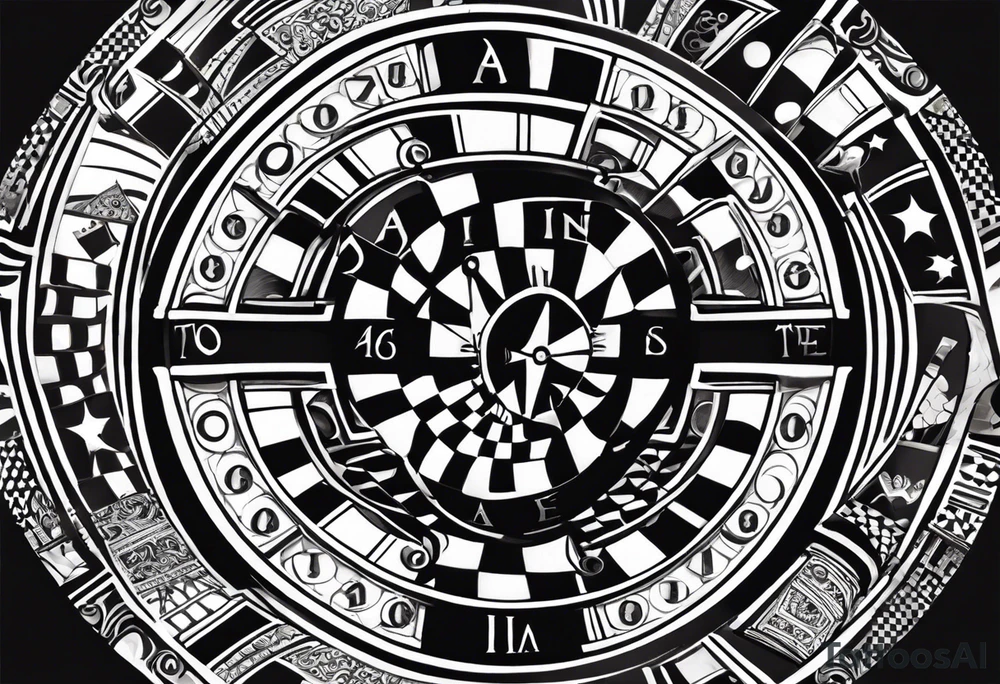 A black-and-white tattoo design representing the idea that life is a game. Incorporate elements like a chessboard or playing cards to symbolize strategy and chance, with pieces or cards scattered to suggest unpredictability. Add a subtle hourglass or clock to represent time running out, blending into the game theme. Use surreal, abstract shapes or geometric patterns to suggest a maze-like journey or a complex path. The overall tone should be slightly playful but with a hint of philosophical depth, using shading and contrast to give it a dramatic, bold look tattoo idea
