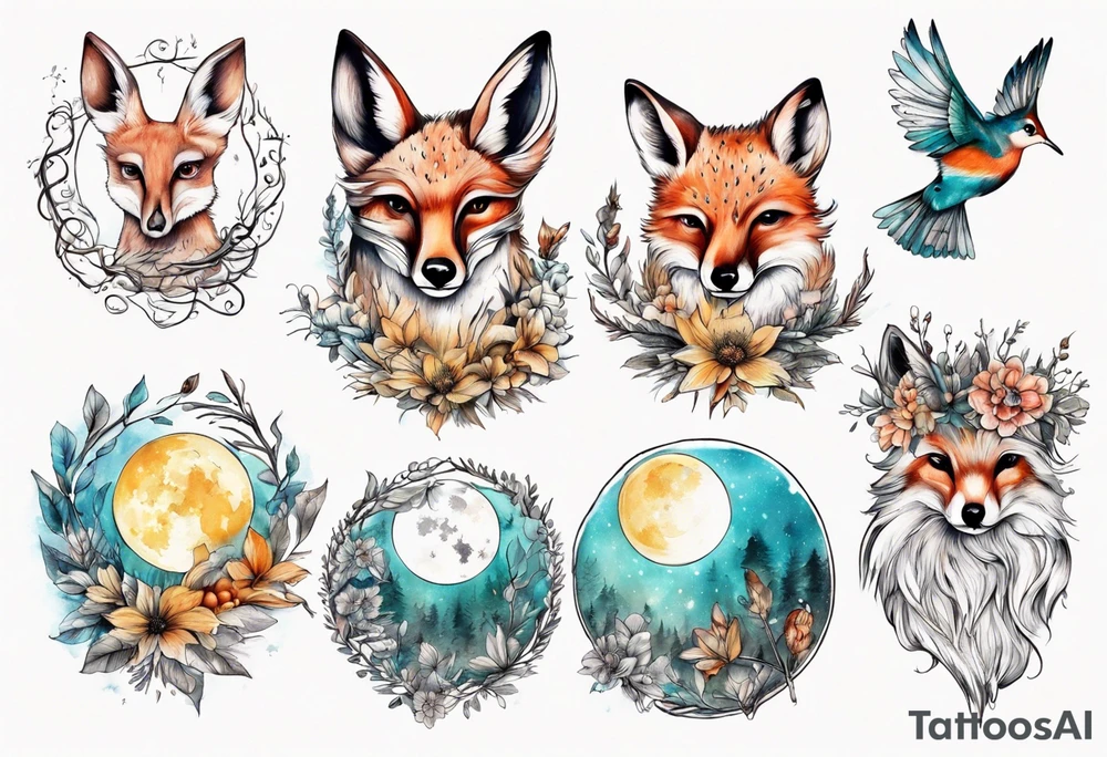 wasser sonne und mond fuchs eule kolibri wald hirsch blume des lebens 
baum berlin tattoo idea