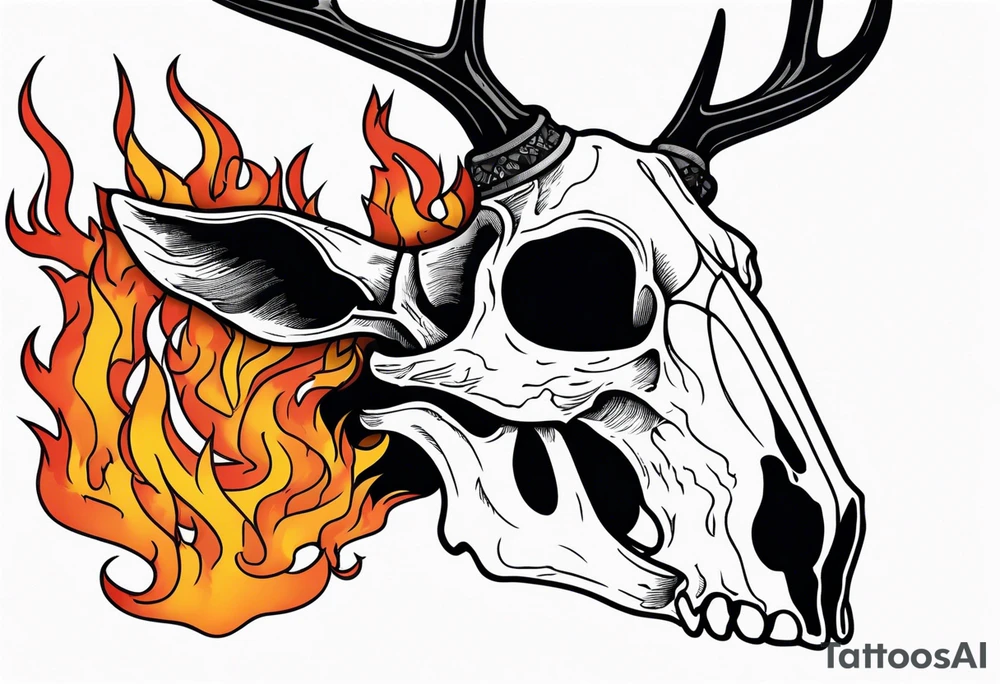 Halloween side view of a DECAYING deer skull JUST BONE surrounded by a flames in background tattoo idea