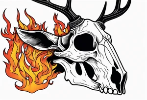 Halloween side view of a DECAYING deer skull JUST BONE surrounded by a flames in background tattoo idea