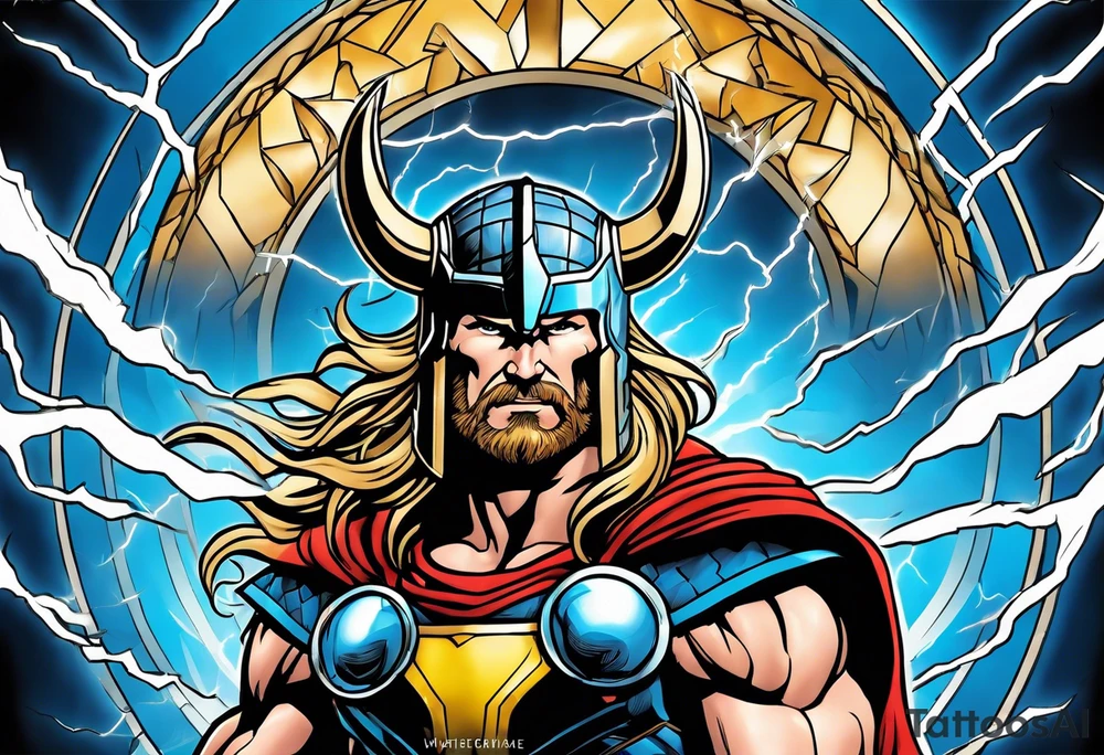 The Mighty Thor  with lightning in the background tattoo idea