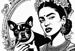 Frida khalo smoking a hookah while carrying a puppy dog tattoo idea