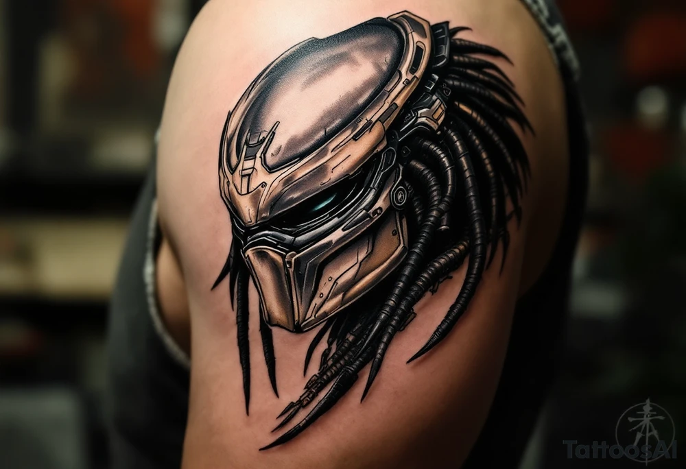 Falconer Predator – A sleek and stealth-focused Yautja from Predators (2010), with grayish-green skin, smooth, lightweight armor, and a custom bio-mask with a visor-like design. Uses a mechanized falcon drone to track prey. tattoo idea