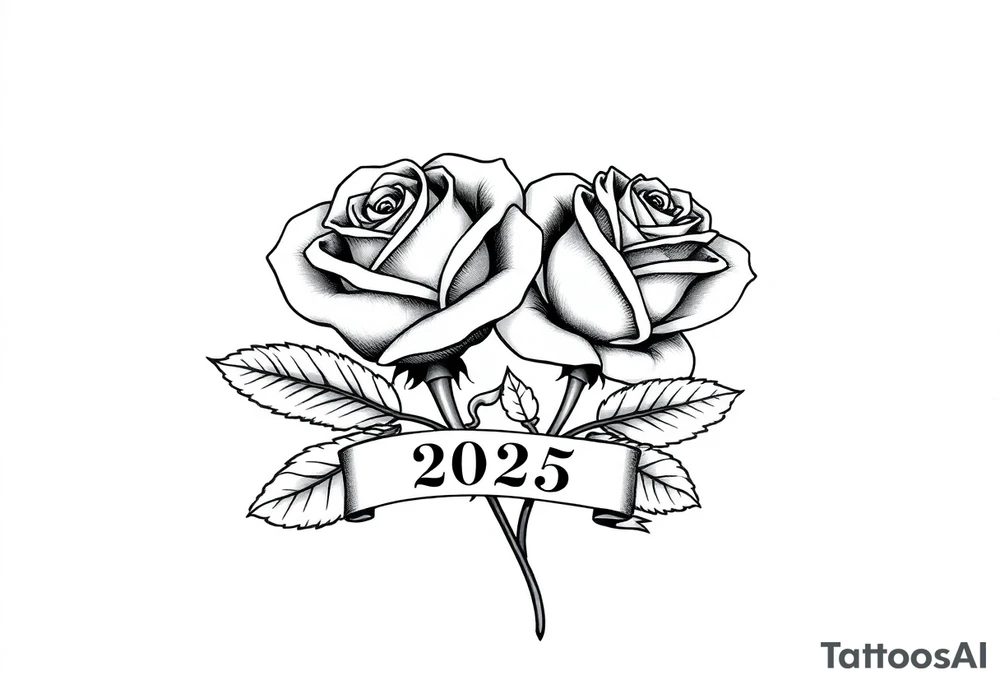 two beautiful large rose buds, one larger than the other, with lots and lots of leaves next to the rose buds, with one sitting slightly higher than the other, side-by-side.  Include a banner connecting the two roses with the year 2025 on it.   Use dark outlines with little shading. Remove all stems from the roses. tattoo idea