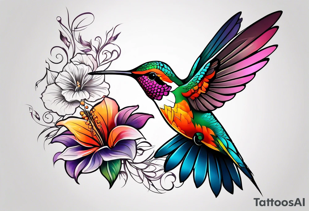botanical, flowers, colorful, different, hummingbird tattoo idea