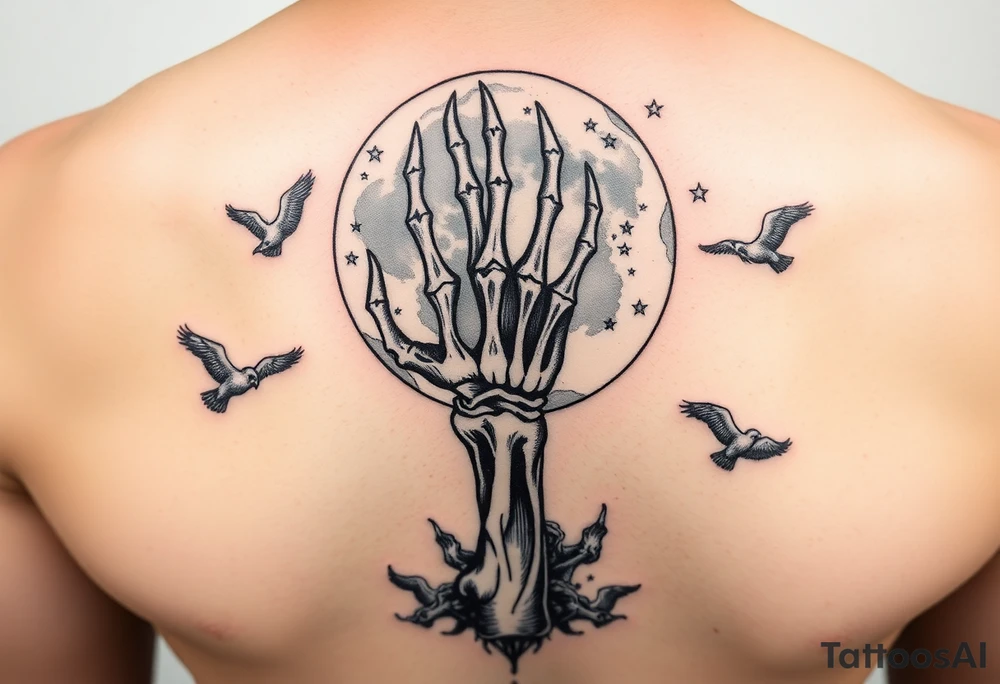 zodiac cancer skeletal hand snile with fangs on a fyull bloody moon surrounded by dead birds and a hellish starry sky tattoo idea