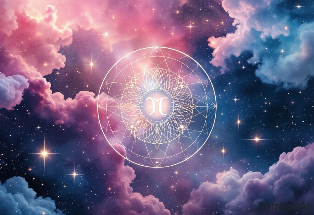 A pink and navy ombré sky holds the Cancer constellation with a silver zodiac glyph glowing at its center. tattoo idea