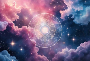 A pink and navy ombré sky holds the Cancer constellation with a silver zodiac glyph glowing at its center. tattoo idea