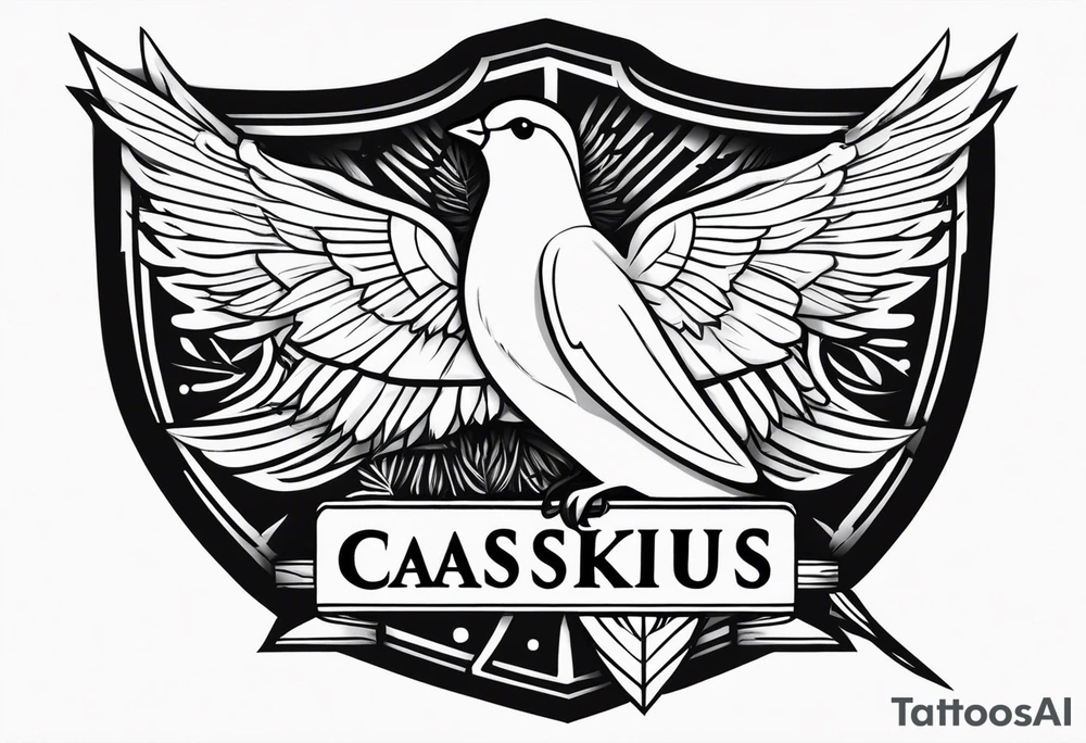 the name 'cassius rafiki mckenzie' written on a shield with a small dove and a bigger dove next to it tattoo idea