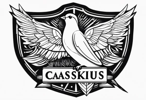 the name 'cassius rafiki mckenzie' written on a shield with a small dove and a bigger dove next to it tattoo idea