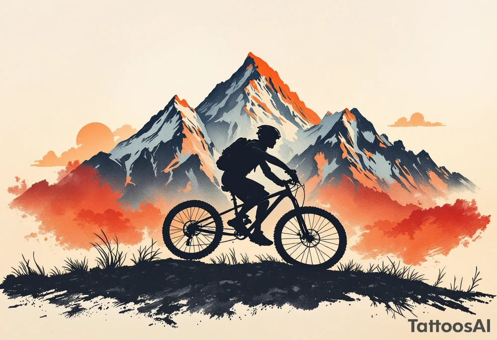 A silhouette of a bicycle rider in front of a mountain landscape, with warm oranges and reds in the sky, symbolizing exploration and adventure. tattoo idea