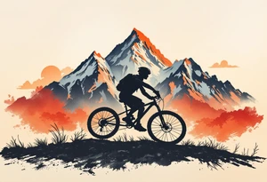 A silhouette of a bicycle rider in front of a mountain landscape, with warm oranges and reds in the sky, symbolizing exploration and adventure. tattoo idea