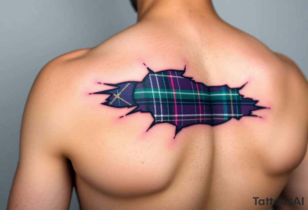 Dark Purple with green pink blue and white highlights tartan fabric on bicep with skin ripping away to reveal tartan underneath tattoo idea