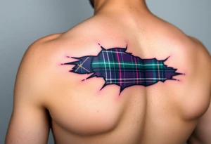 Dark Purple with green pink blue and white highlights tartan fabric on bicep with skin ripping away to reveal tartan underneath tattoo idea