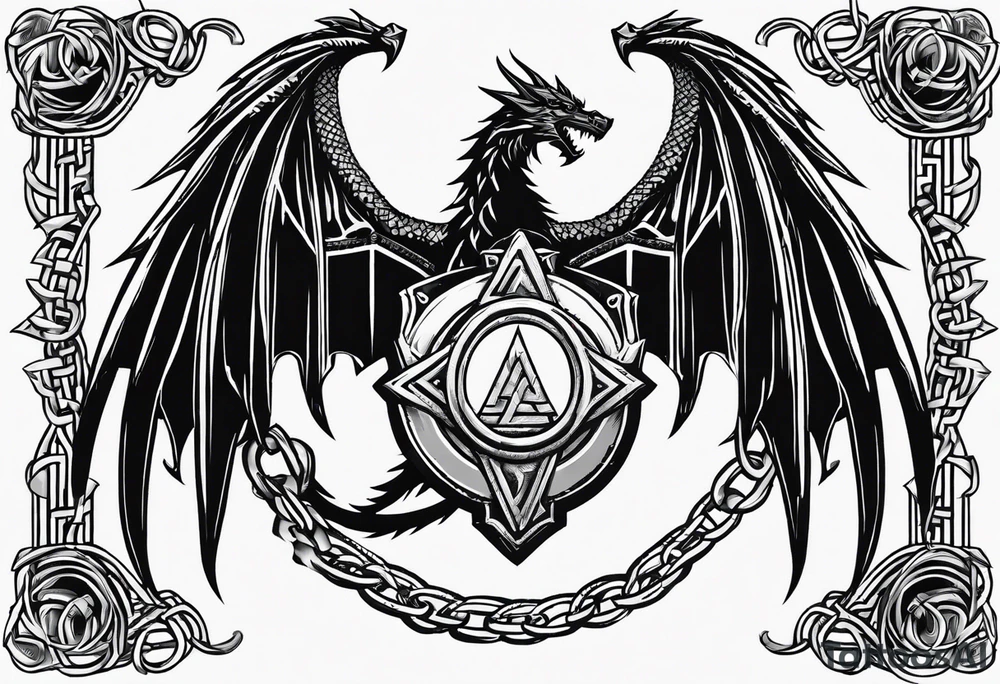 Valhalla sword shield dragon axe Valknut barbed wire chains tattoo idea