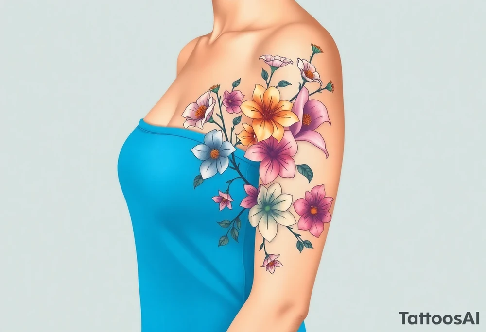 This is a tattoo of a string of flowers in bloom and is on a woman. It starts on her left side of the chest on the pectoral with a Glaiolus and Daisy pushed together. The tattoo rises over the left shoulder and down the arm and ends at the elbow. The tattoo will feature a primroses, Calla Lilys, and Lillys. They can have multiple flowers but 1 of each will pop with shading and be colored in. tattoo idea