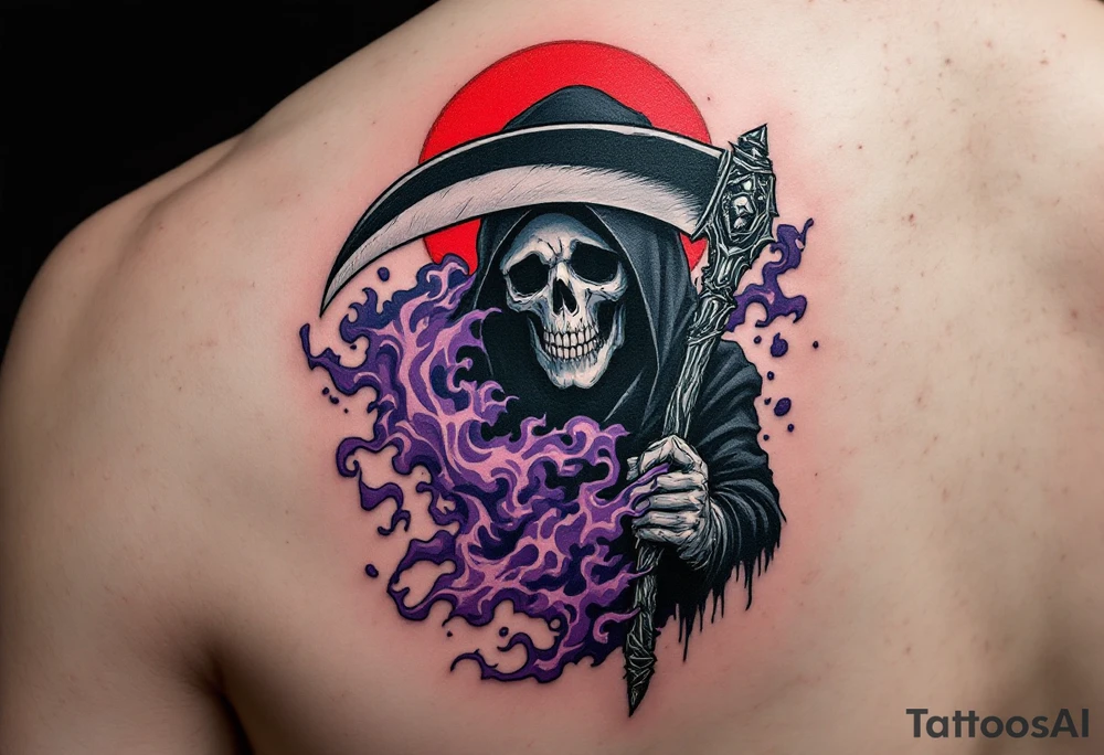 A Reaper with a red halo and an obsidian-black scythe cutting through a purple mist. tattoo idea