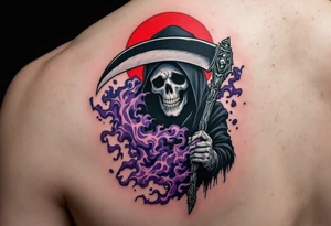 A Reaper with a red halo and an obsidian-black scythe cutting through a purple mist. tattoo idea