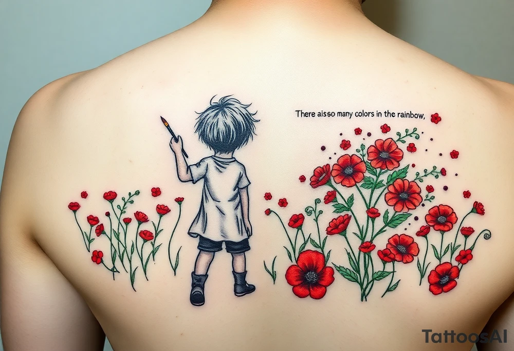Concept:
A child holding a paintbrush, painting a field of flowers. The flowers are initially all red and green, but as the child moves forward, a burst of multicolored flowers begins to bloom, symbolizing creativity and breaking free from rigid rules. Behind the child, a shadowy figure (representing the strict teacher in the song) watches with crossed arms. The phrase "There are so many colors in the rainbow" could be subtly written in the design, blending into the artwork. tattoo idea