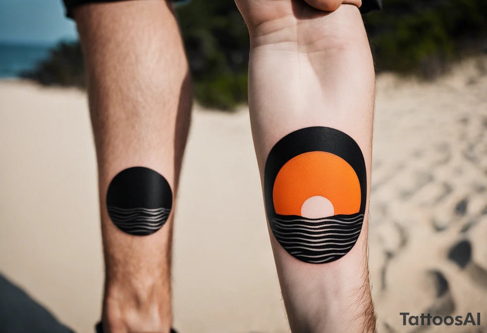 This is an extremely simple and minimalistic tattoo on male forearm. It is black and white with minuscule splashes of orange from the sun. The tattoo 4 inches wide by 2 inches tall. It is NOT a circle. From the perspective of being on the ocean, Water is calm, with no waves in sight, the sun is setting behind the ocean, reflecting light onto the ocean. tattoo idea