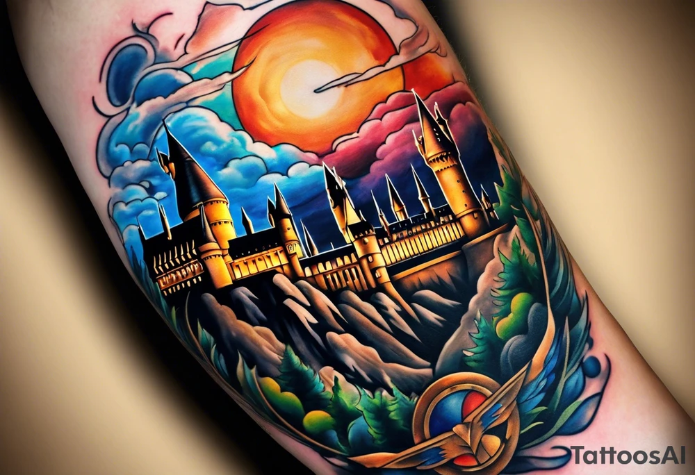 Harry Potter themed full sleeve. Include the Hogwarts castle, a golden snitch, and the Ravenclaw house crest tattoo idea