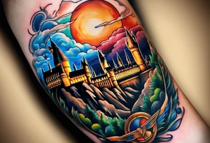 Harry Potter themed full sleeve. Include the Hogwarts castle, a golden snitch, and the Ravenclaw house crest tattoo idea
