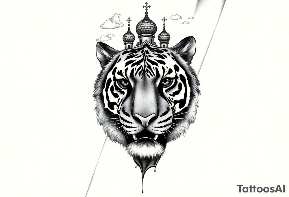 Realistic tiger face on the back of the hand with strong contrast and fine detail with hollow black eyes. with a highly detailed Russian Orthodox cathedral sitting above on fore arm with onion domes and orthodox crosses, done in fine line, engraving-like style. Cohesive composition, black ink only, no color, high contrast, slightly aged, documentary-style, plain light background. with clouds above and a virgin mary 
spanning from my hand to lower fore arm tattoo idea