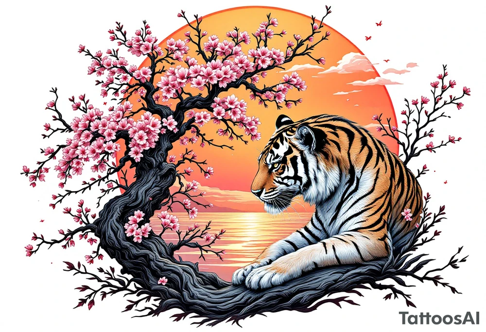 Tiger and cherry blossom tree, beautiful sunset in background tattoo idea