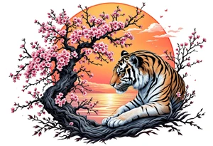 Tiger and cherry blossom tree, beautiful sunset in background tattoo idea