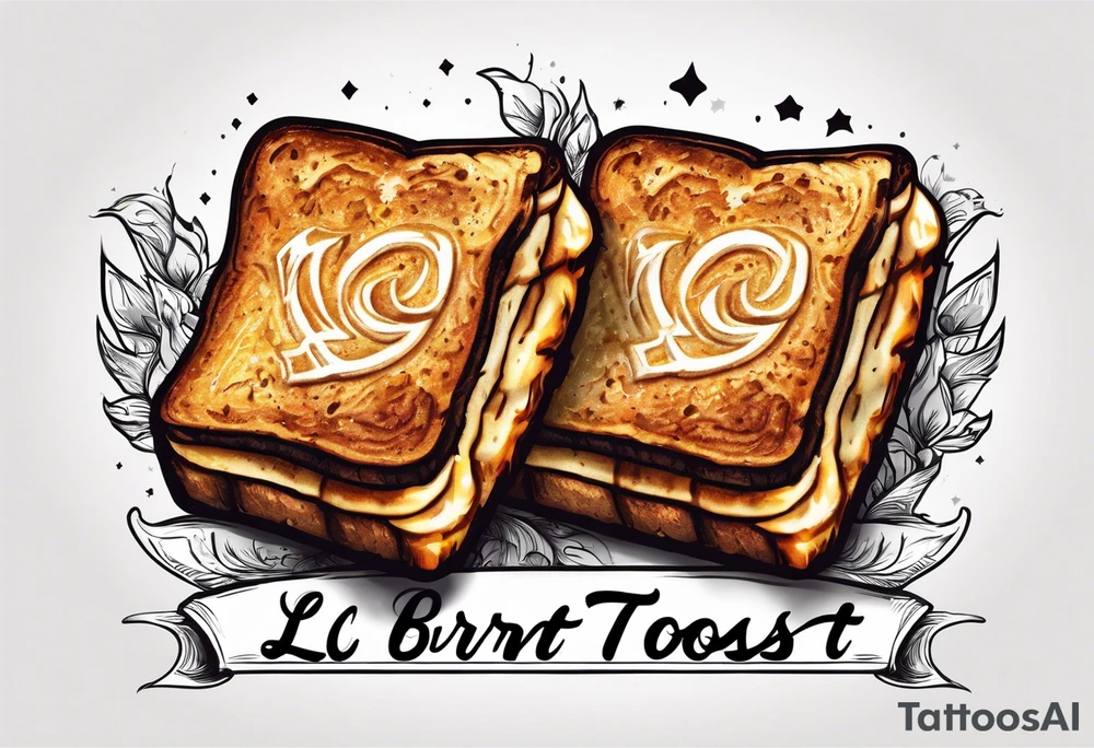 Burnt toast with the letters LGNTW carved into it tattoo idea