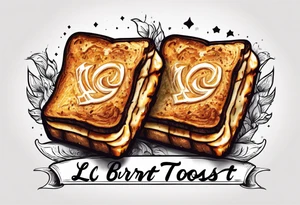 Burnt toast with the letters LGNTW carved into it tattoo idea