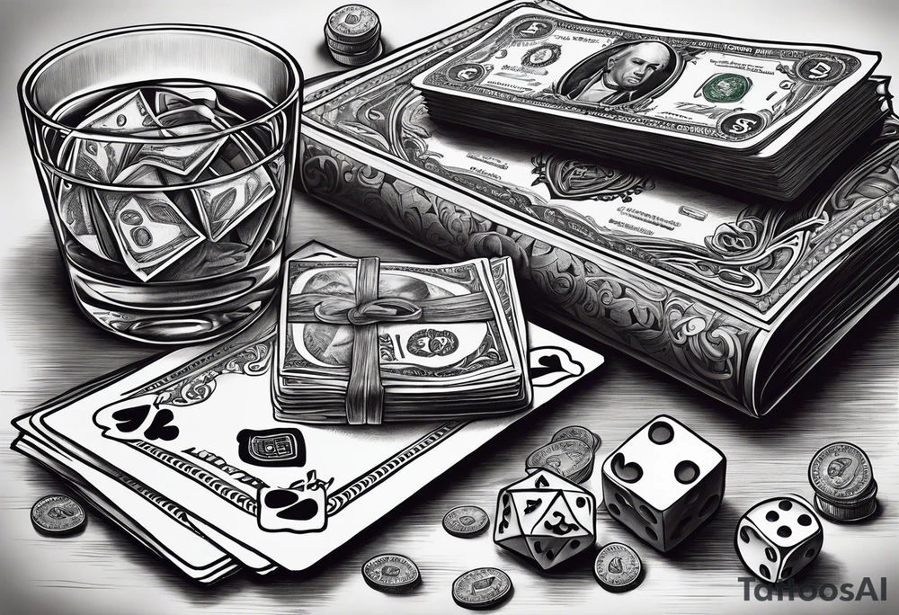 cards, money, dice, and whiskey on ice, tattoo idea