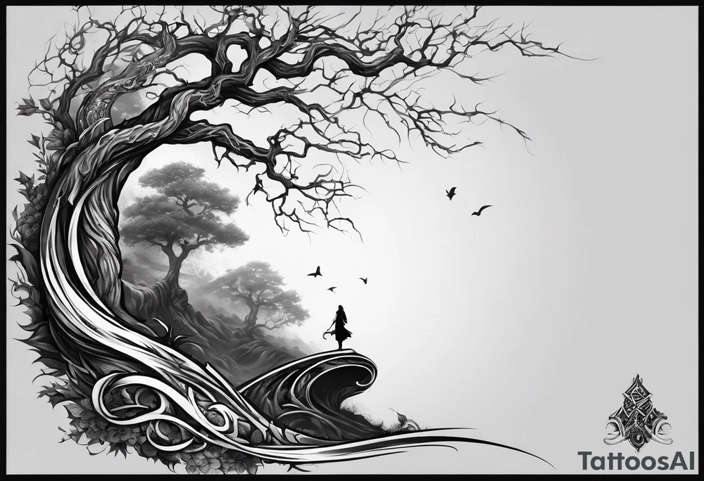 Full arm sleeve, tree going up to shoulder dead tree going down to wrist, wrapped in a serpent moving down with demon elements tattoo idea