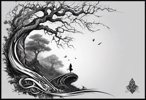 Full arm sleeve, tree going up to shoulder dead tree going down to wrist, wrapped in a serpent moving down with demon elements tattoo idea