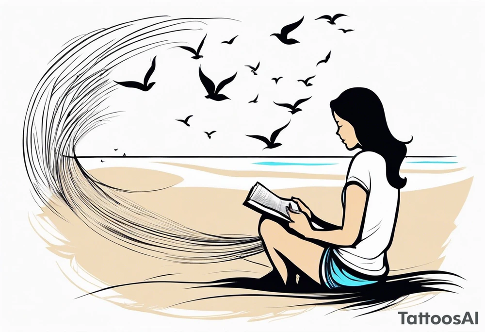 Someone is sitting on the beach reading a book and the pages are flying in the wind, the purpose of the tattoo is to emphasize that just as the pages are flying in the wind, you also have to flip through situations in life tattoo idea